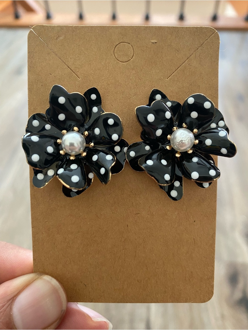 Polka Dot Black Flower Pearl Center Earrings